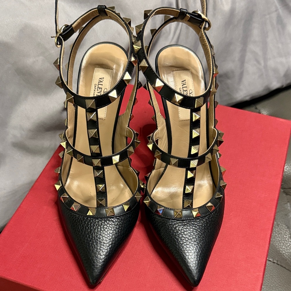 Valentino Black and Gold Studded Heels